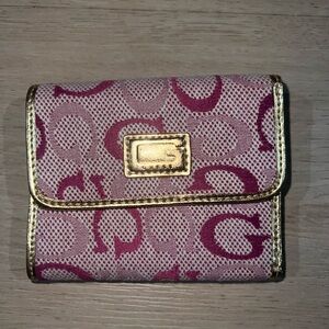 GUESS Pink Monogram Snap Wallet • Y2K Logo • Gold Trim • Vintage Style